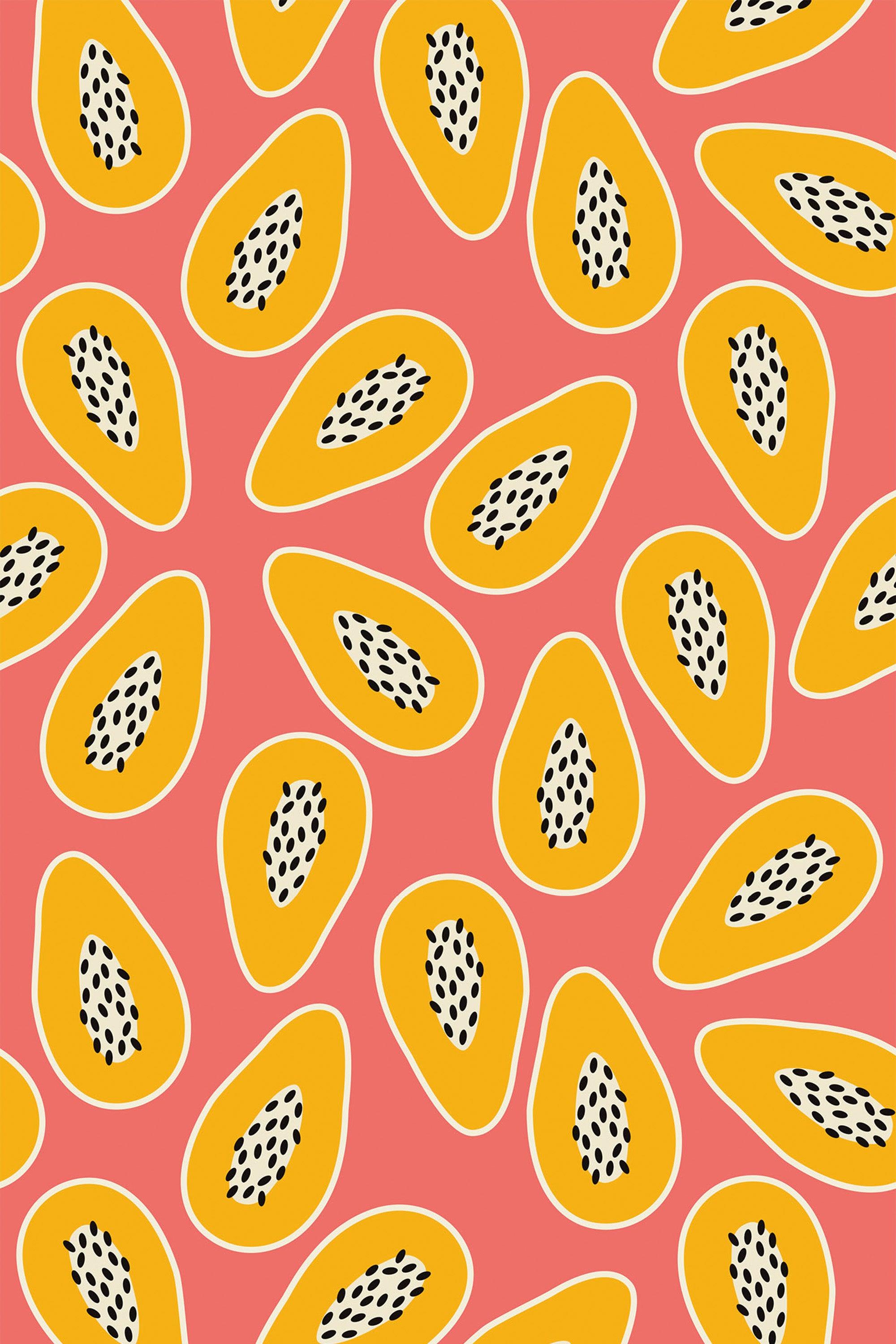 Bright, citrus-colored lemons with dotted seeds scattered across a warm coral background. Peel and stick removable wallpaper.
