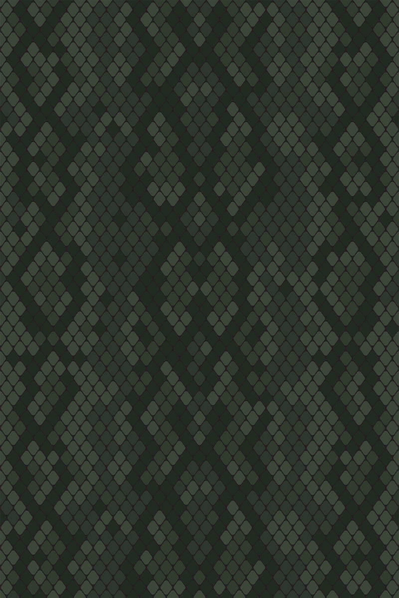 A repeating pattern resembling snake skin with a textured appearance featuring small, diamond-shaped scales in shades of dark green for peel and stick removable wallpaper.