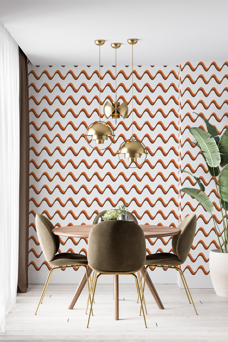 Boho wave wallpaper with orange, brown, and white wavy lines in a modern, earthy pattern, traditional wallpaper.