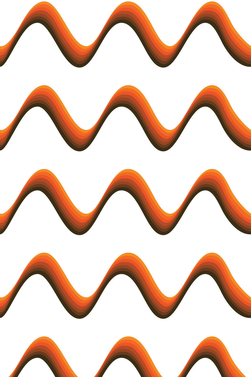 Boho wave wallpaper with wavy, undulating lines in warm earth tones of orange and brown on a white background, peel and stick removable wallpaper.