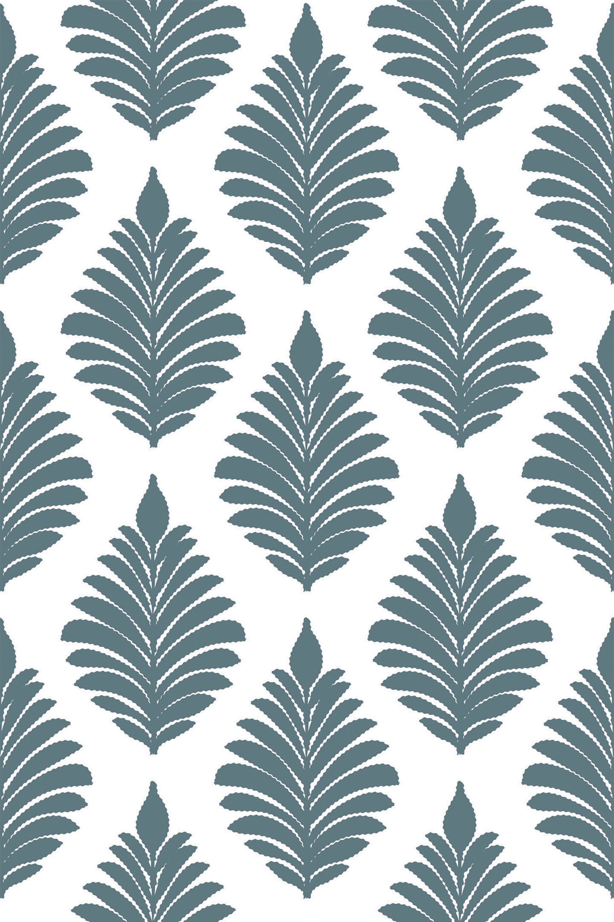 A repeating pattern of stylized leaf motifs in muted teal tones on a white background. The symmetrical leaves feature delicate, evenly spaced veins, creating a classic and elegant design. Peel and stick removable wallpaper.