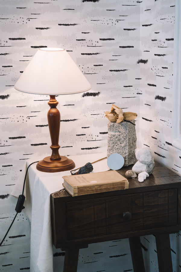 peel and stick wallpaper birch pattern accent wall bedroom nightstand interior