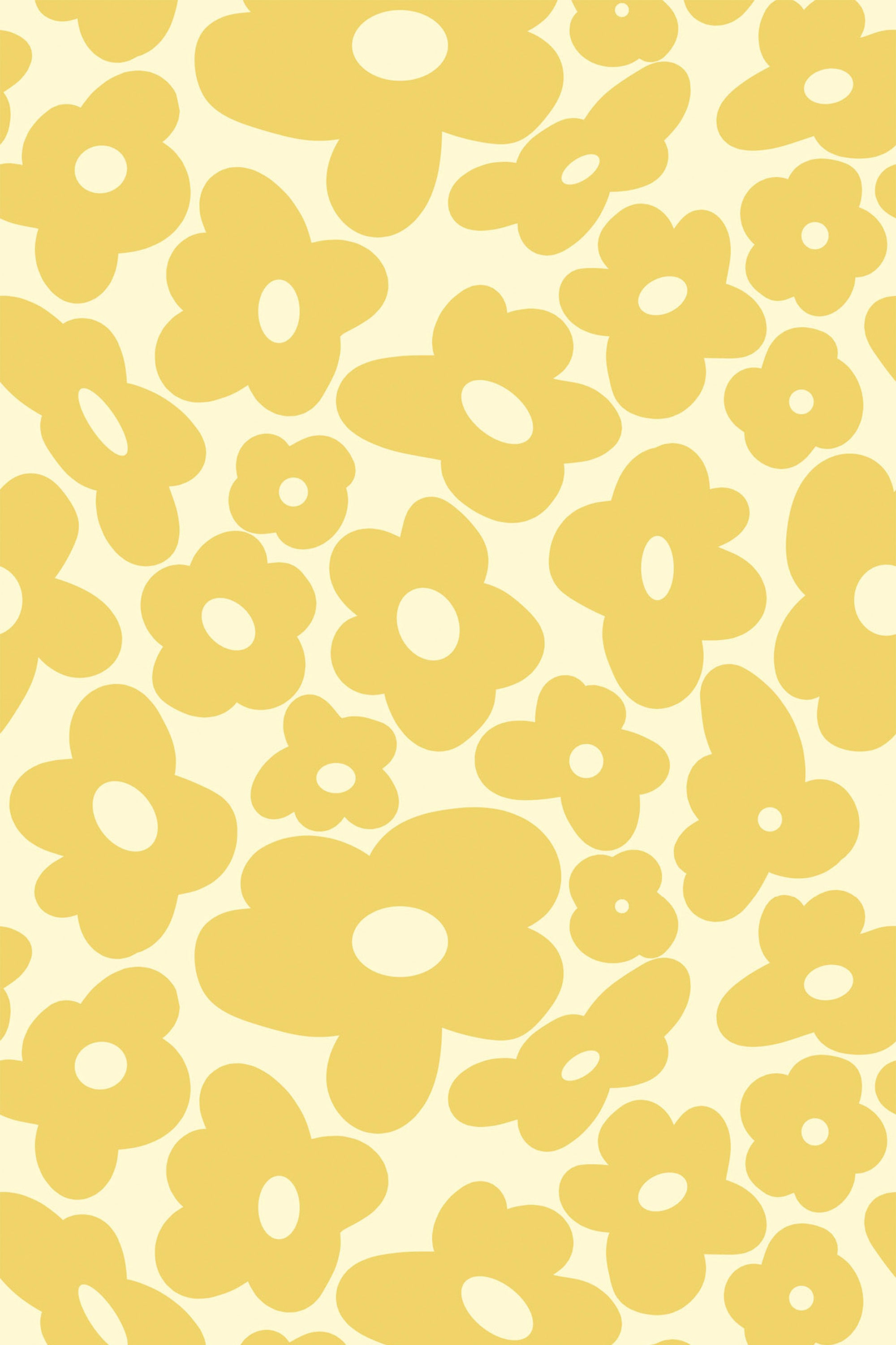 Yellow funky flowers with abstract, retro-style blooms scattered across a pale background. Peel and stick removable wallpaper.