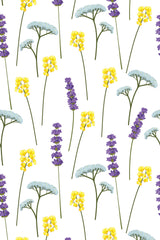 A seamless pattern with sprigs of lavender, yarrow, and other delicate wildflowers in shades of purple, yellow, and light blue-green, scattered on a white background. Peel and stick removable wallpaper.