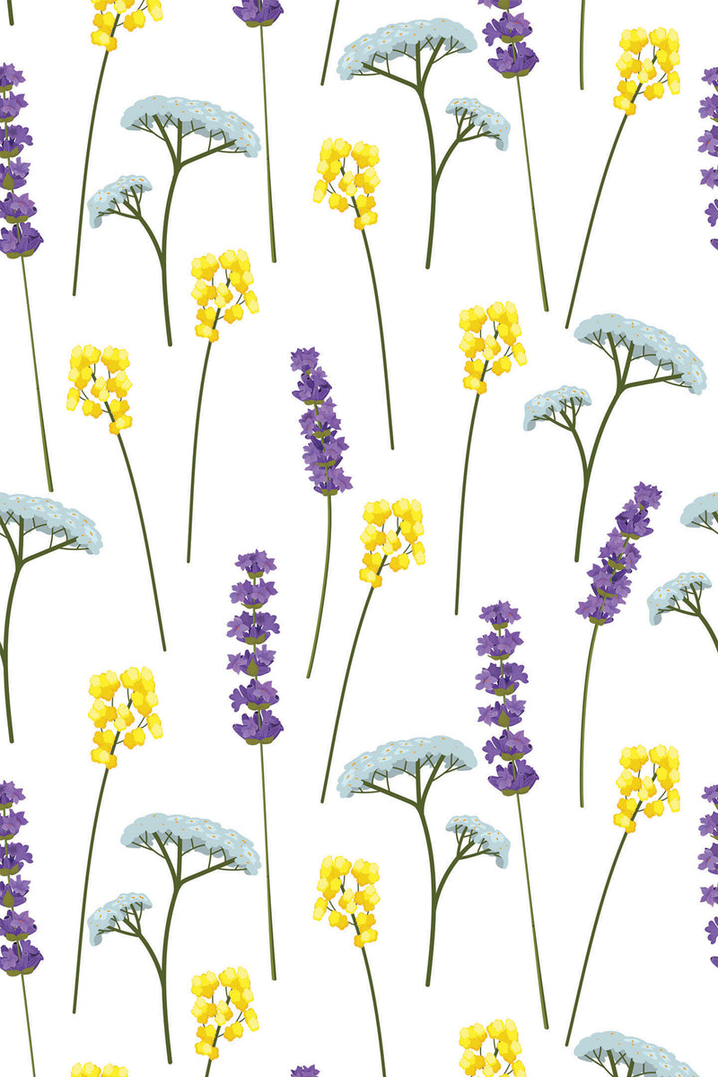 A seamless pattern with sprigs of lavender, yarrow, and other delicate wildflowers in shades of purple, yellow, and light blue-green, scattered on a white background. Peel and stick removable wallpaper.