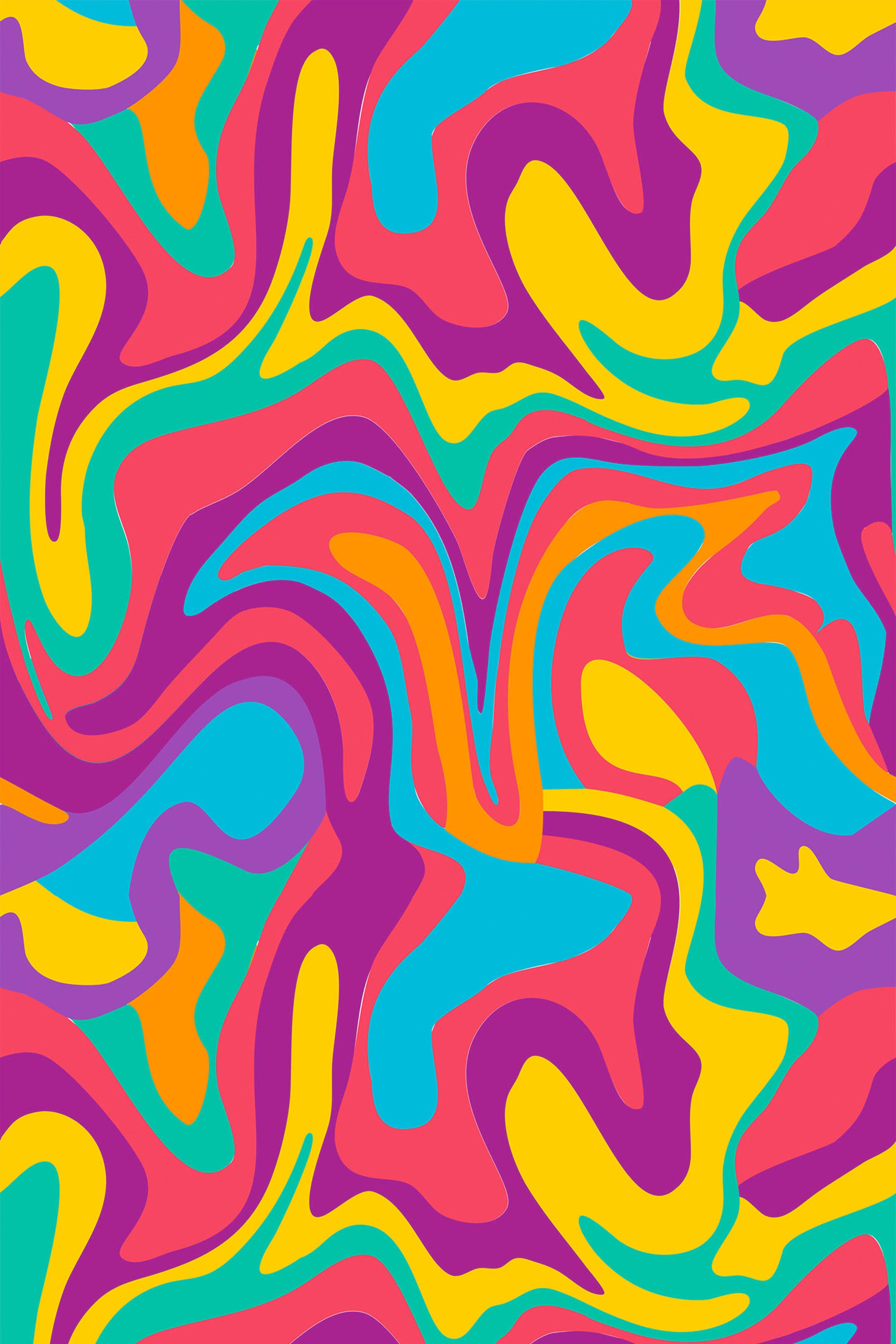 Vibrant, wavy patterns swirl across the wallpaper in bold shades of pink, blue, yellow, orange, purple, and green, creating a dynamic and colorful wave design. The seamless pattern flows in an abstract, psychedelic manner, adding energy and movement to any space. Peel and stick removable wallpaper.