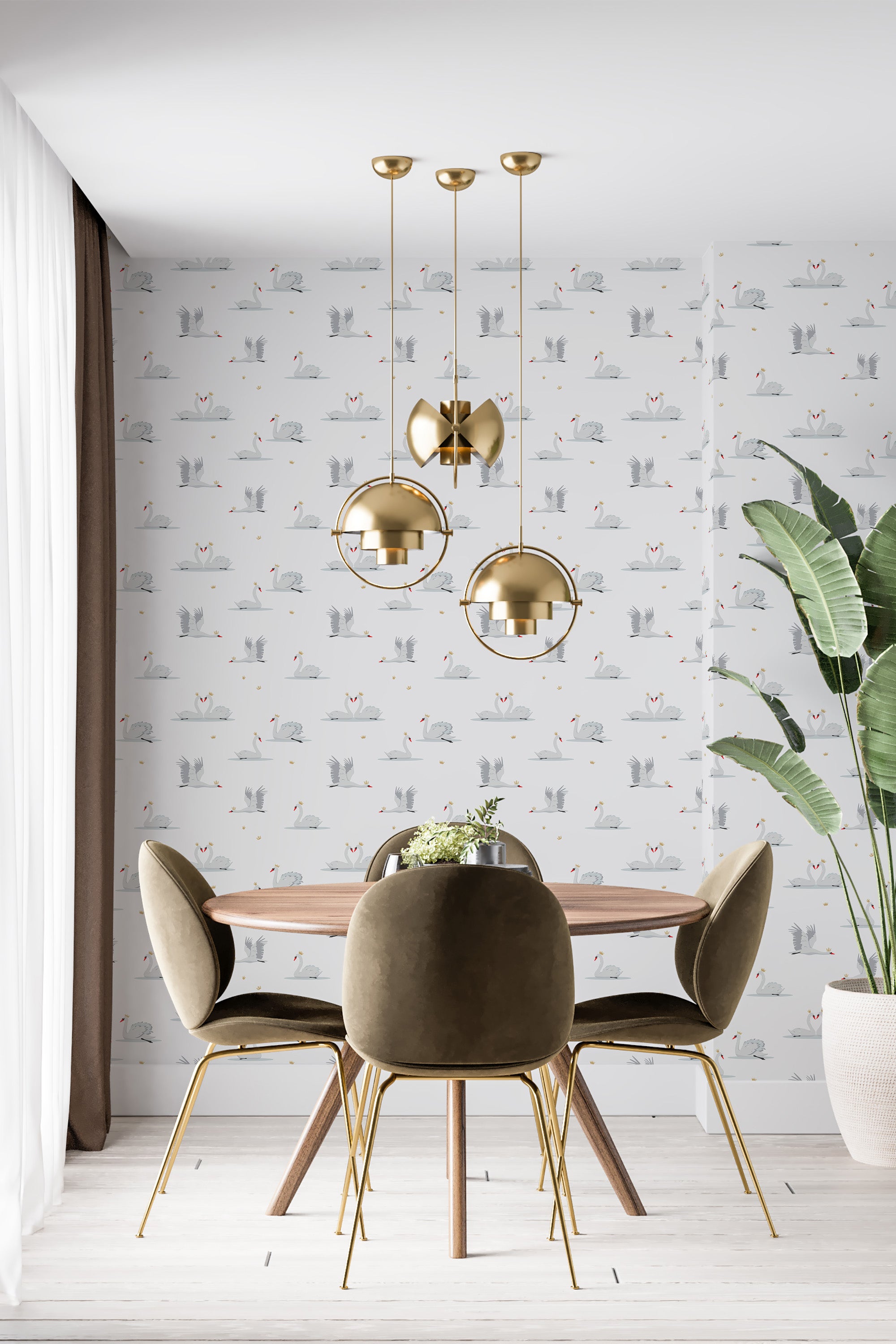 A charming wallpaper with a delicate design of swans in various poses, floating on gentle waves with subtle hints of floral elements around them. The soft color palette gives the room an elegant and serene ambiance, enhancing the d��cor in a classic, understated manner. Traditional wallpaper.