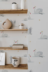 wooden shelf decor living room interior swan accent wall