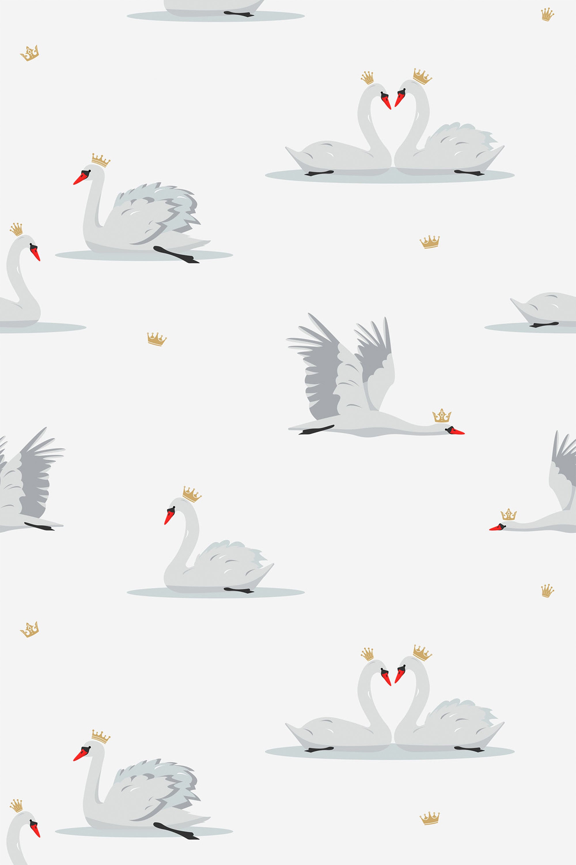 Gray swans wearing gold crowns, gracefully floating on calm water, with some forming heart-shaped necks or spreading their wings, scattered on a white background with small gold crowns as accents, peel and stick removable wallpaper.