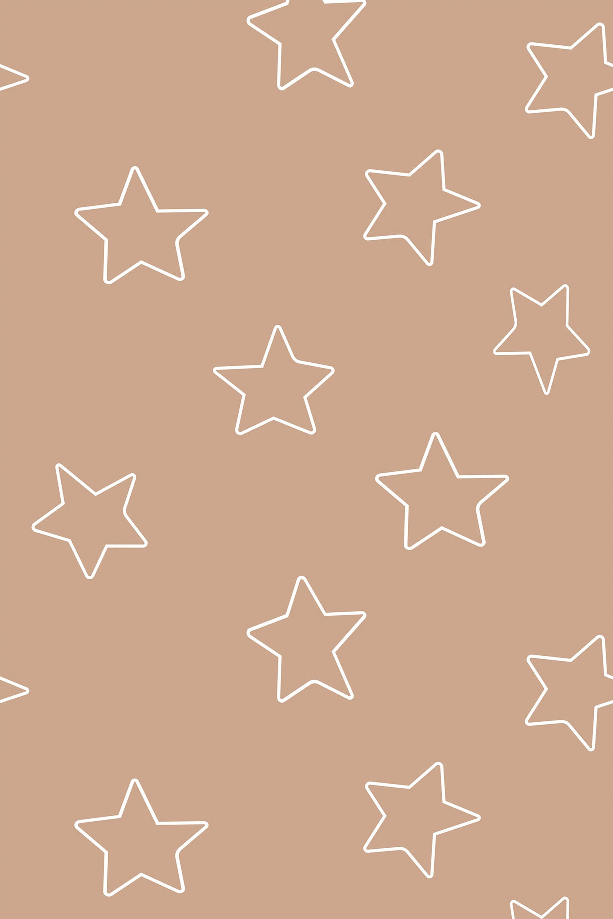 White star outlines evenly spaced on a warm beige background. Peel and stick removable wallpaper.