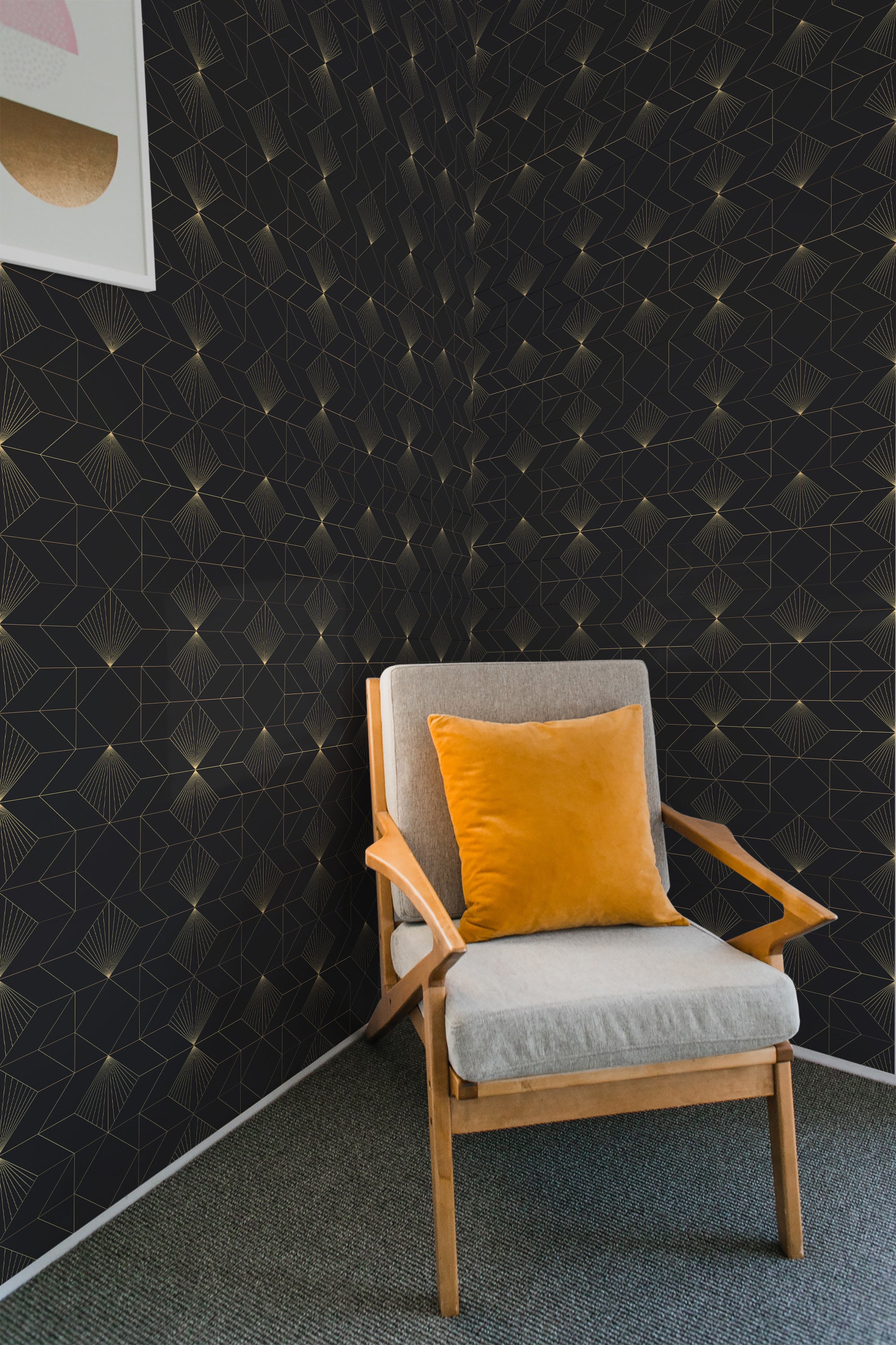 Dark wallpaper with an intricate geometric Art Deco pattern in gold lines, inspired by The Great Gatsby, adding a luxurious and vintage feel to the room. Traditional wallpaper.