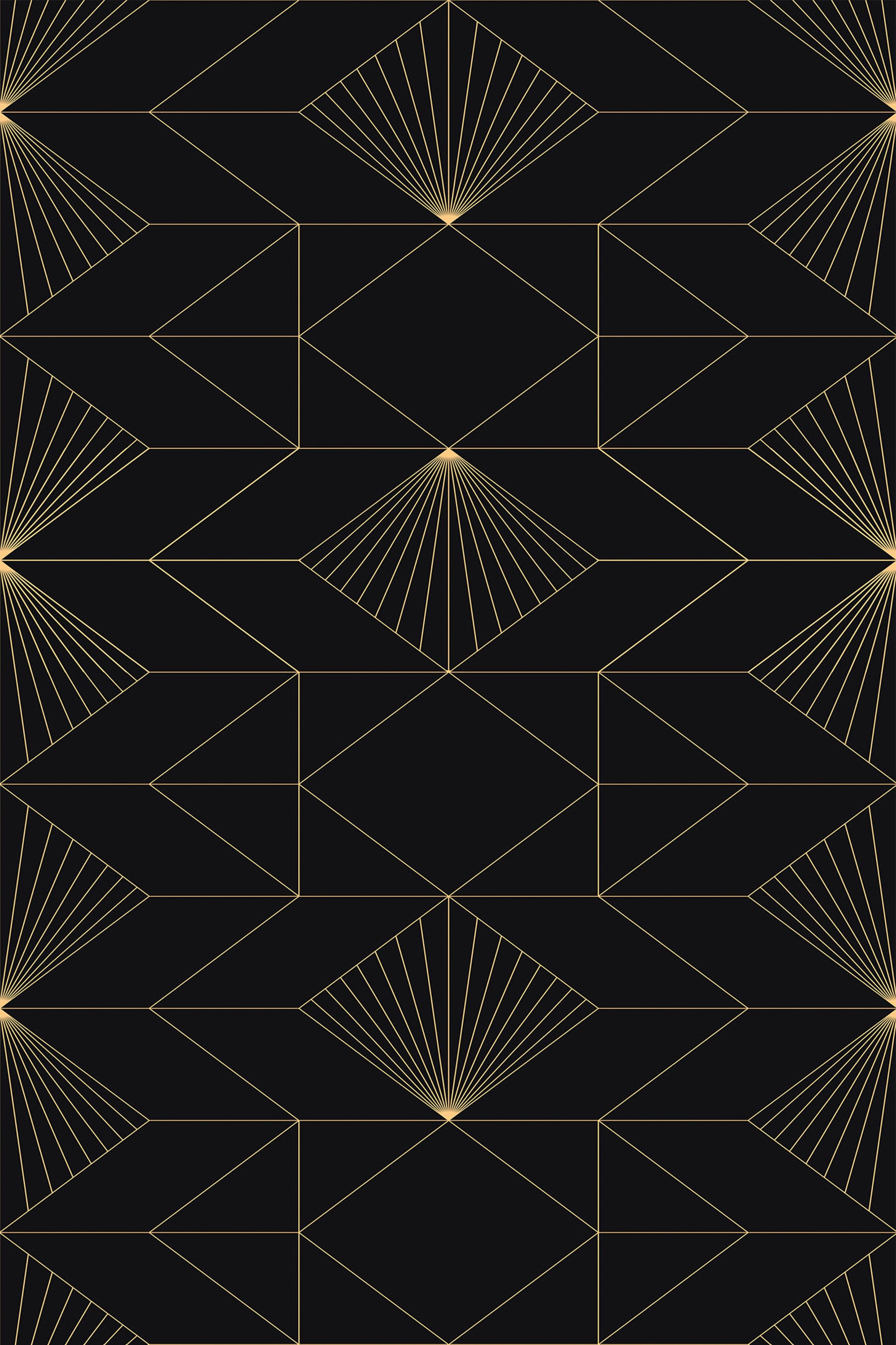 Art Deco-inspired wallpaper with intricate gold geometric patterns of diamonds and fan-shaped lines on a black background, peel and stick removable wallpaper.