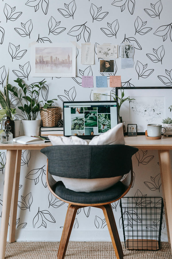 modern home office desk plants posters computer minimal floral stick on wallpaper