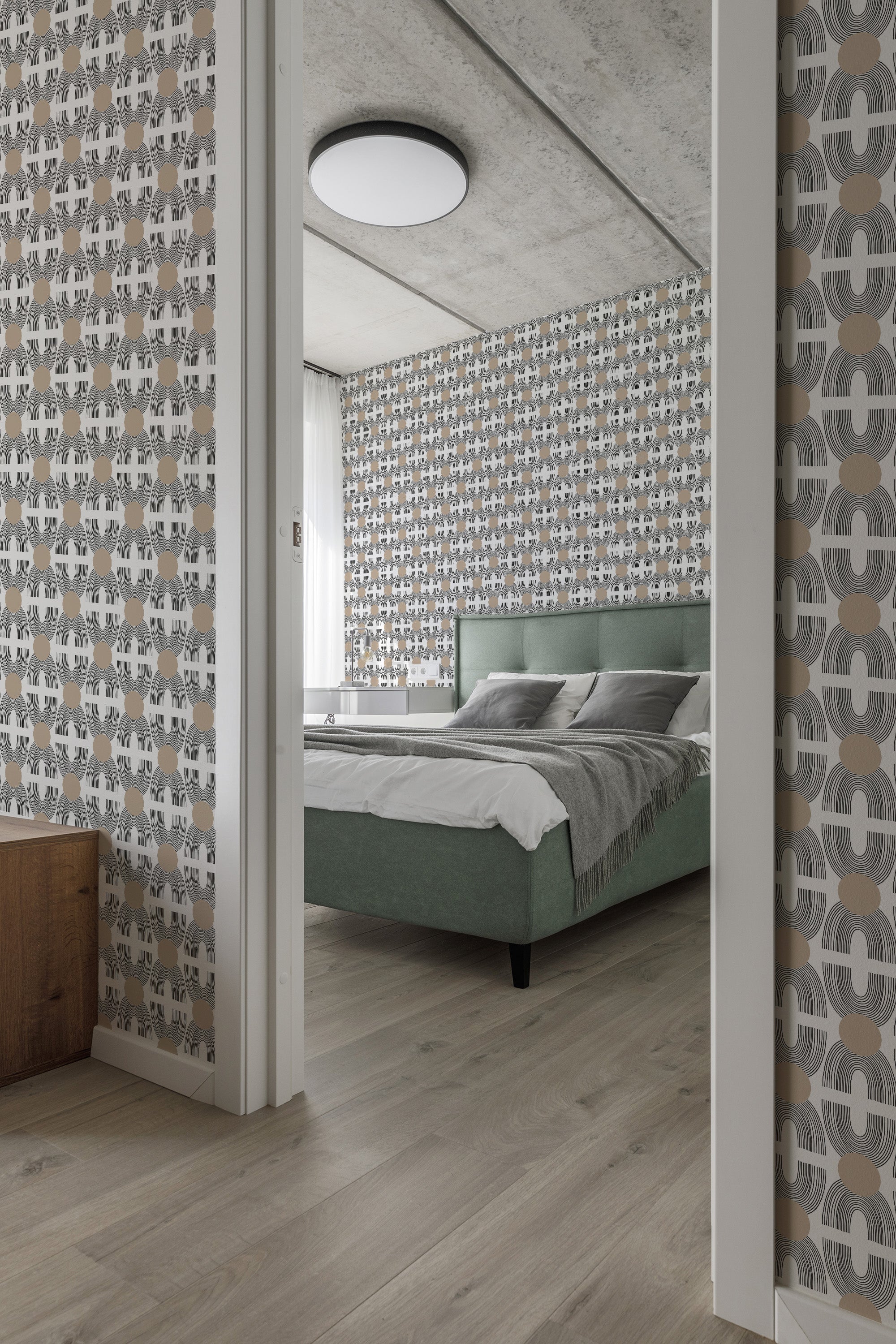 Boho wallpaper in a cozy bedroom with geometric patterns in neutral tones, complementing the minimalist decor. Traditional wallpaper.