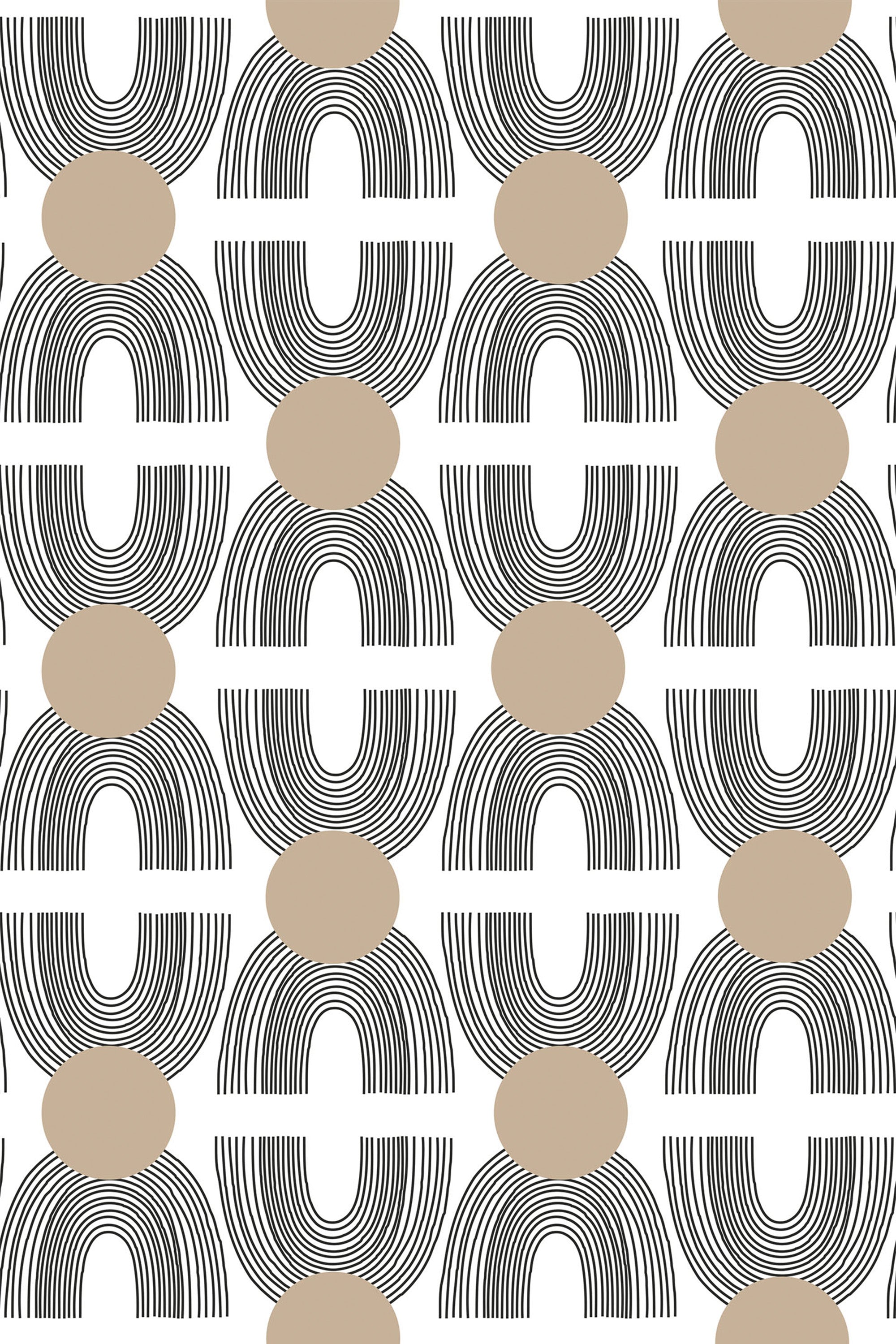 Abstract Boho design with curved black lines forming half-circle arches connected by beige ovals, creating a geometric pattern on a white background. Peel and stick removable wallpaper.