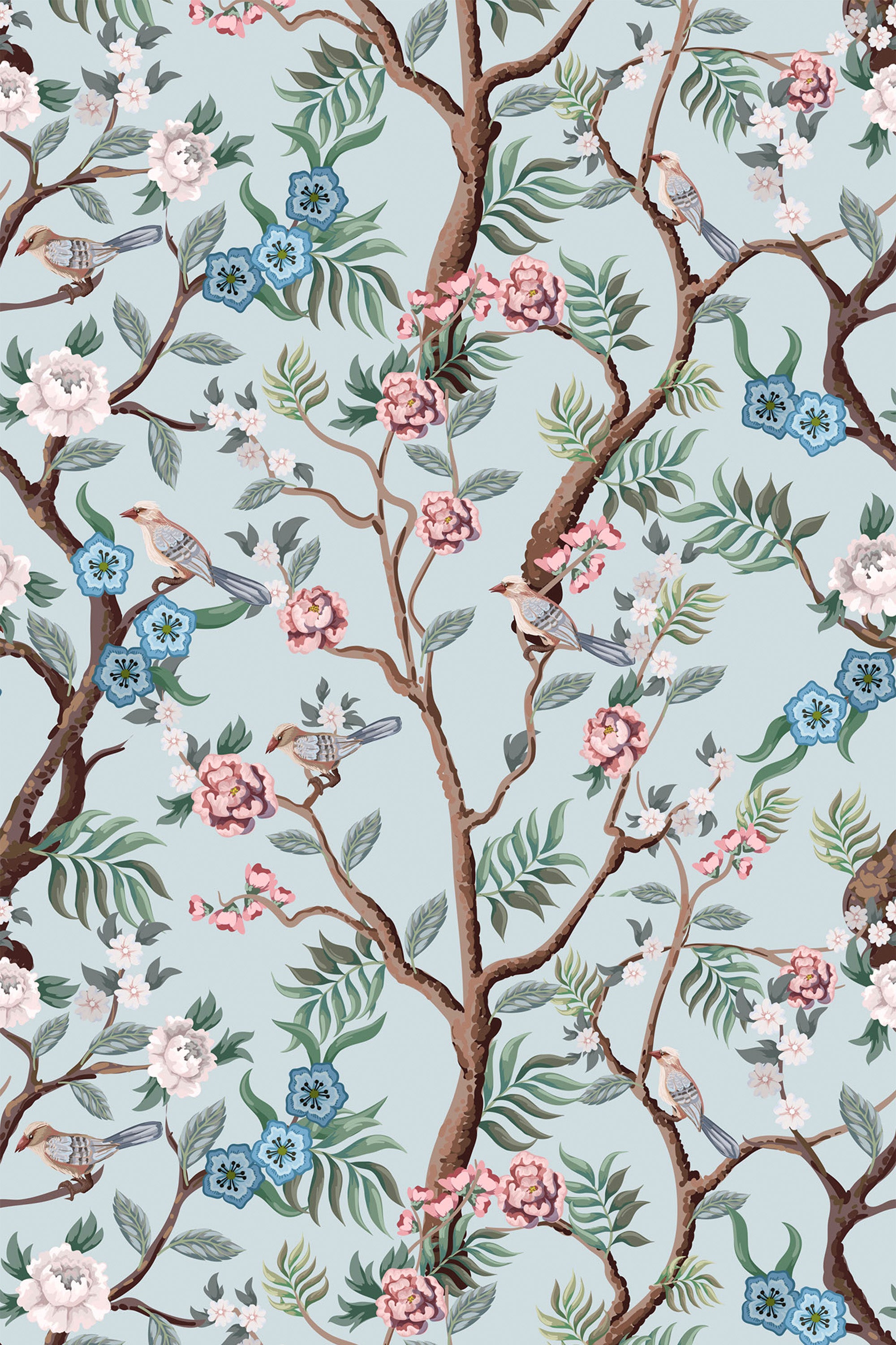 Floral wallpaper design with intricate tree branches, pink and white blossoms, green leaves, and small birds against a light blue background, peel and stick removable wallpaper.