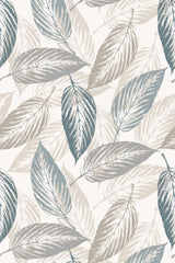 A repeating design of overlapping leaves in various shades of blue, gray, and beige on a cream-colored background. Peel and stick removable wallpaper.