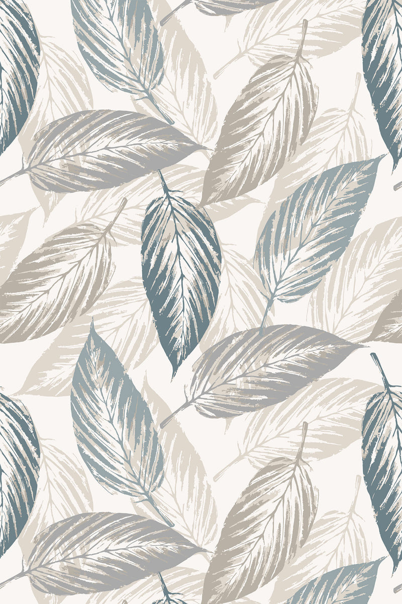 A repeating design of overlapping leaves in various shades of blue, gray, and beige on a cream-colored background. Peel and stick removable wallpaper.