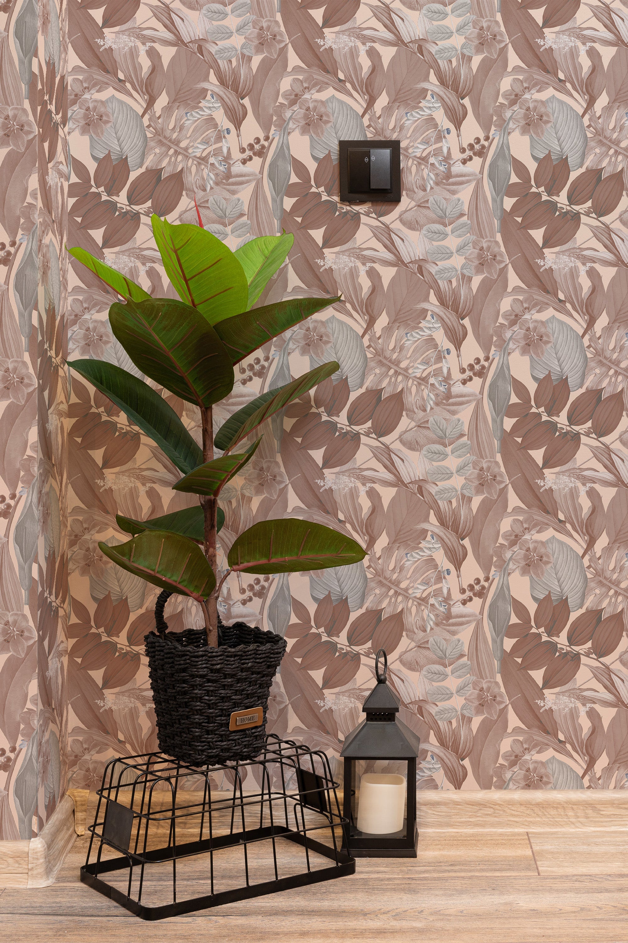 Self-adhesive wallpaper with a Palm design in neutral tones of brown, beige, and light gray, creating a tropical and cozy atmosphere.