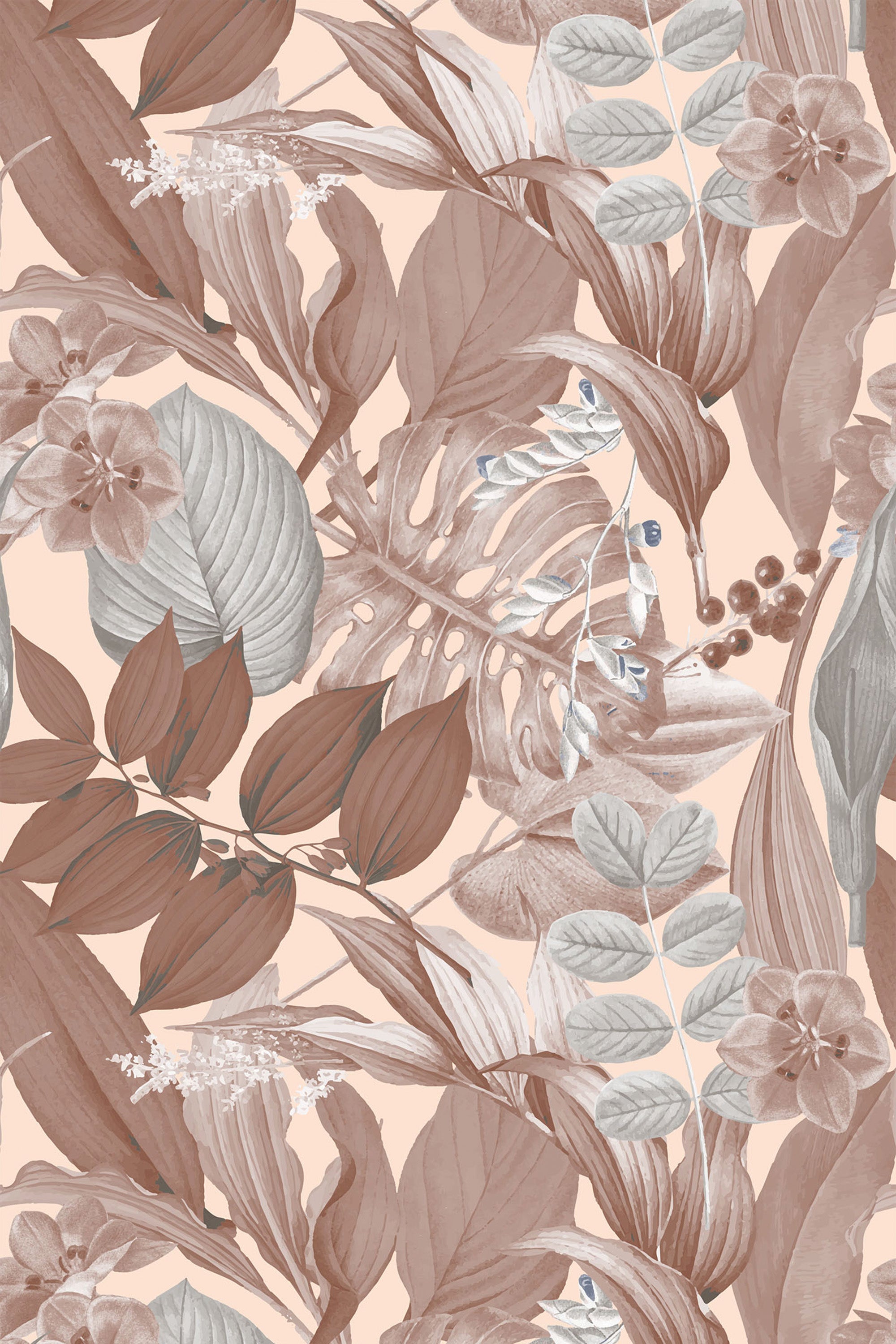 A repeating pattern of tropical palm leaves, ferns, and delicate flowers in soft, muted tones of beige, brown, and light green on a peach-colored background. Peel and stick removable wallpaper.