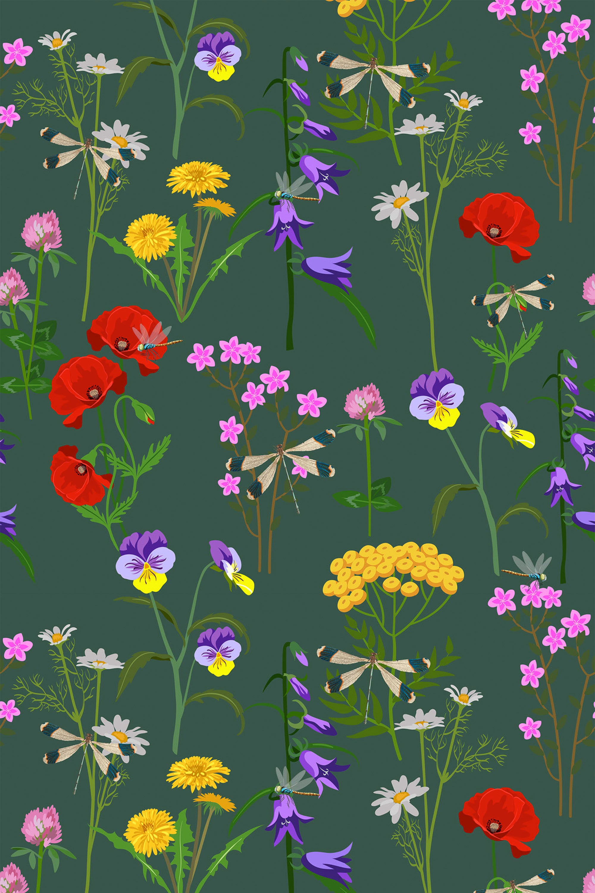 A nature-inspired wallpaper with delicate dragonflies, surrounded by a vibrant array of colorful wildflowers including red poppies, purple pansies, and yellow daisies on a dark green background, peel and stick removable wallpaper.