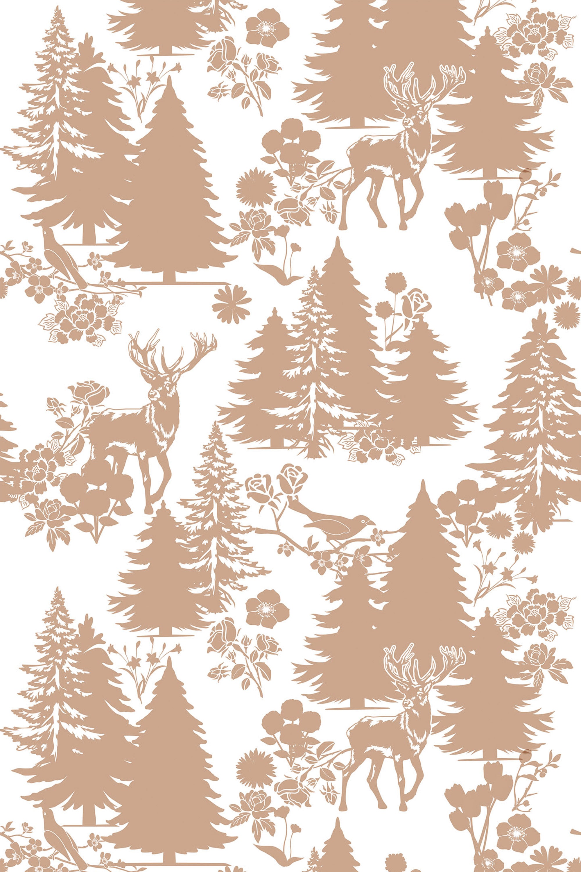 A repeating forest-themed wallpaper design with sepia-toned trees, deer, and floral elements on a white background. Peel and stick removable wallpaper.