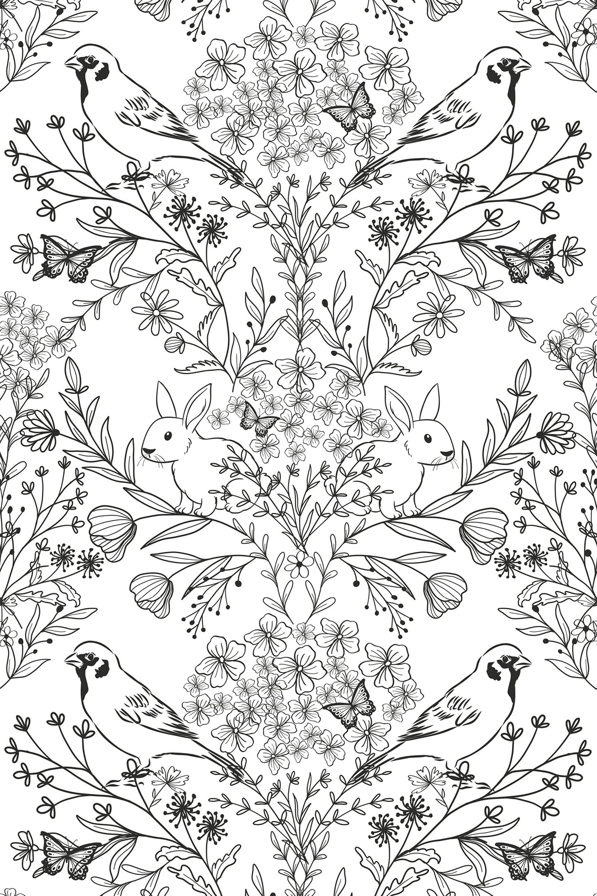 Black and white floral wallpaper pattern with intricate details, including birds, butterflies, rabbits, and delicate flowers seamlessly repeating throughout. Peel and stick removable wallpaper.