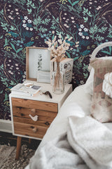 chic bedroom interior nightstand picture frame decor bold floral traditional wallpaper
