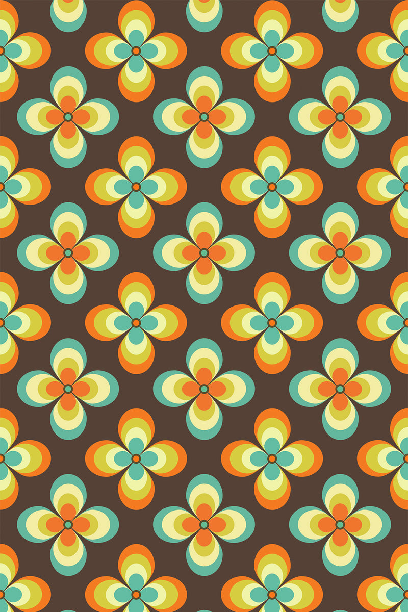 A repeating pattern of colorful retro flowers in shades of orange, yellow, green, and turquoise against a dark brown background. Peel and stick removable wallpaper.