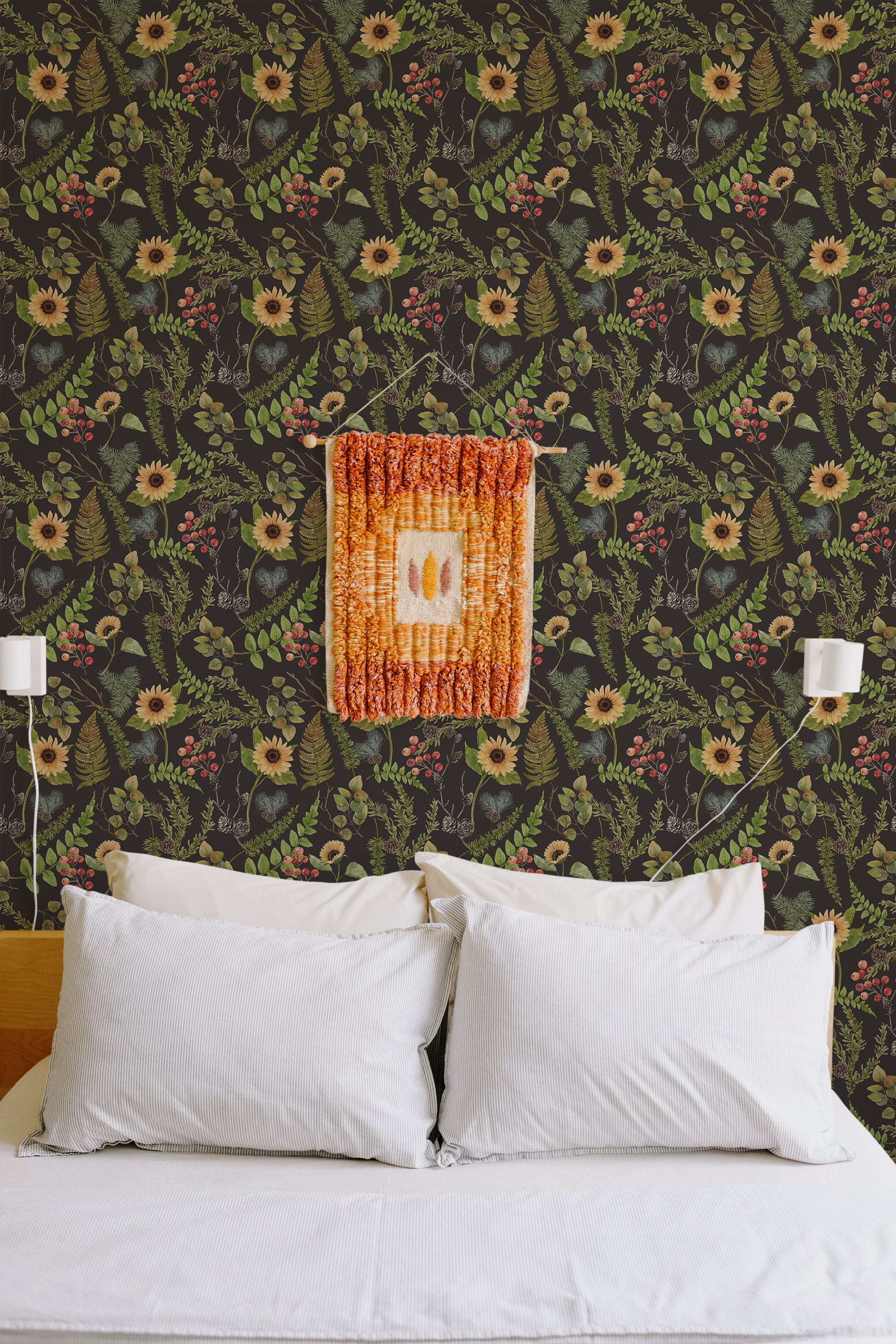 Self-adhesive wallpaper with an Autumn leaf design, featuring various shades of brown, green, and subtle red tones. Patterns of leaves and small flowers create a rich, textured look, enhancing the warm and cozy atmosphere of the room.