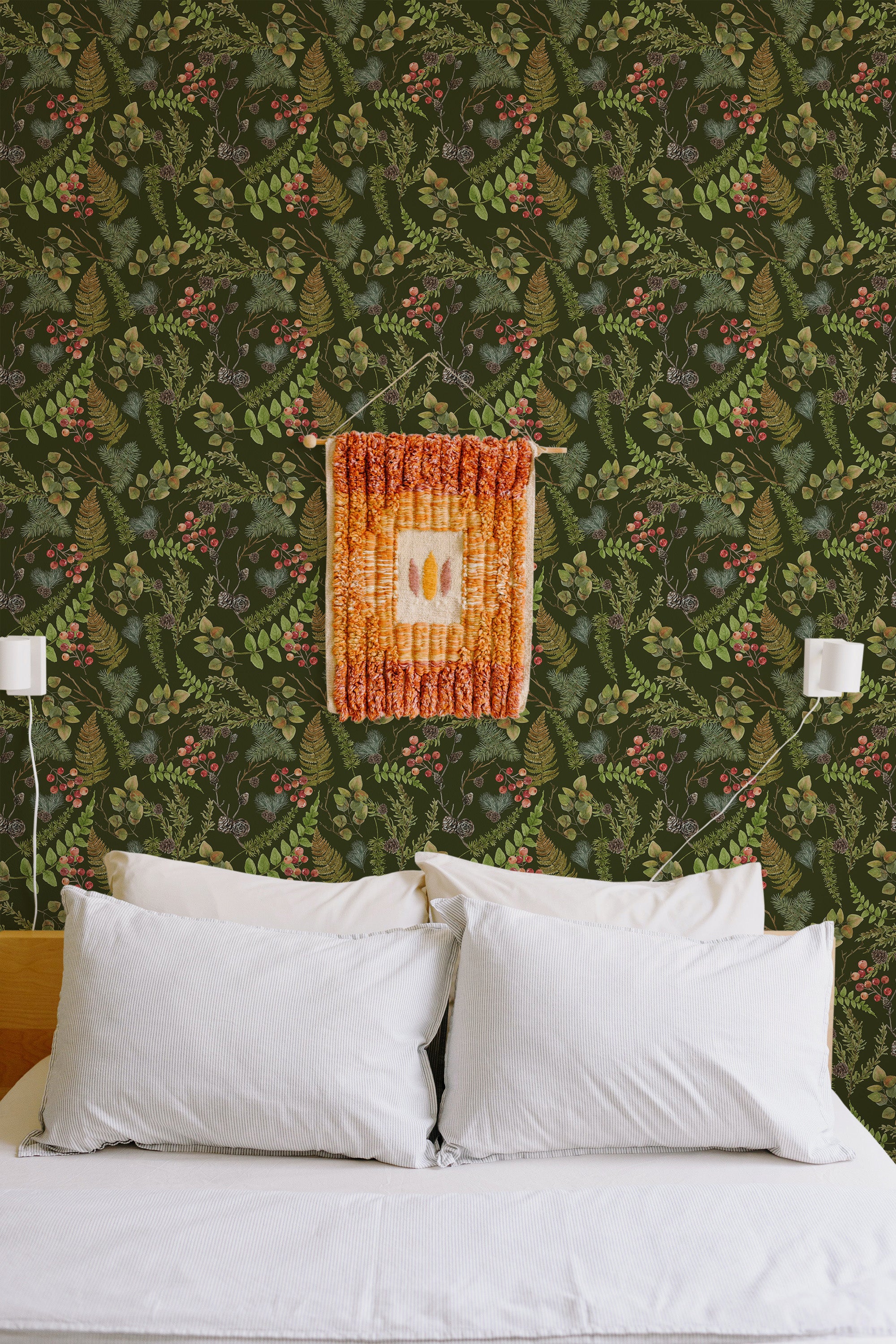 Self-adhesive wallpaper with a Vintage Fern design of lush green ferns, leaves, and clusters of red berries layered over a dark background.