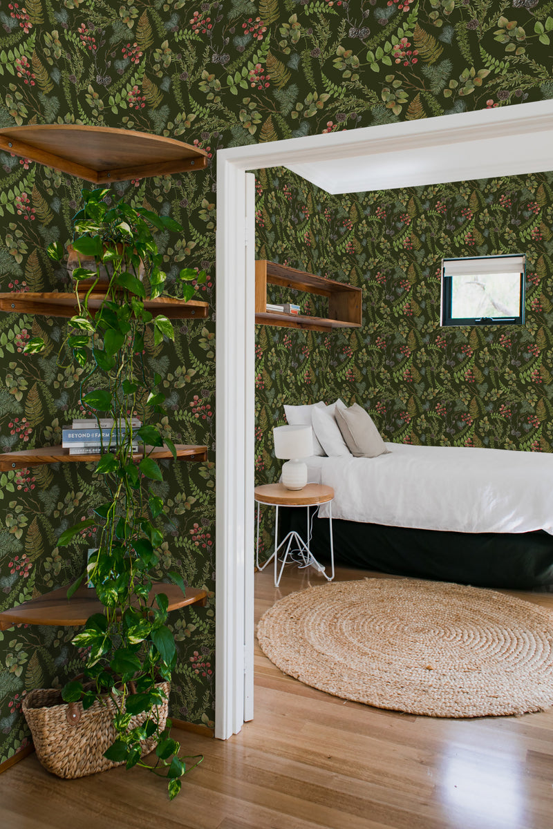 bedroom cozy interior green plants round carpet vintage fern peel & stick wallpaper