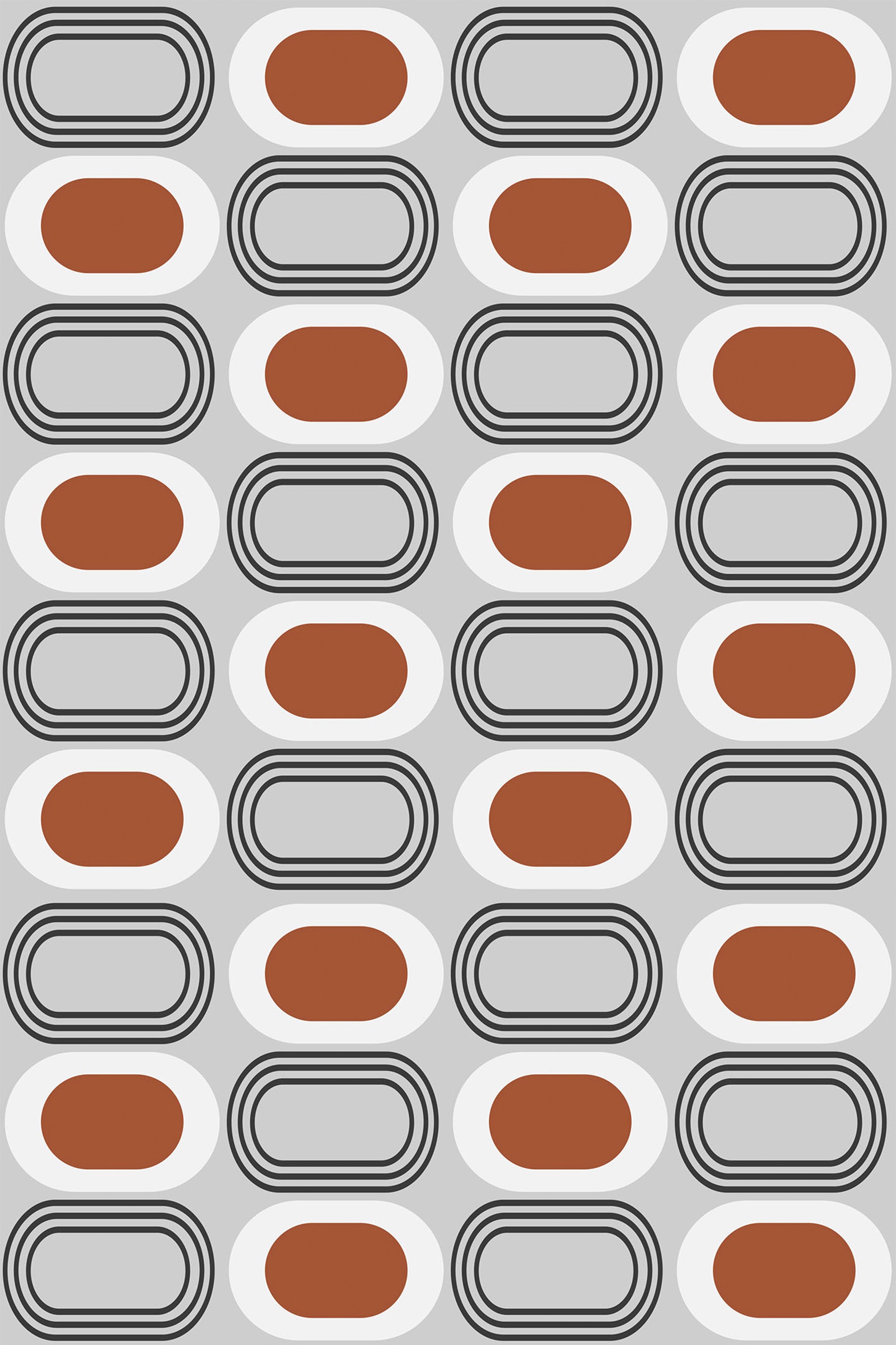 Mid-century geometric pattern with repeating elliptical shapes in rust orange, white, and gray tones, accented by bold black lines for a contrasting effect. Peel and stick removable wallpaper.