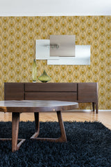 contemporary living room dark wood furniture yellow retro floral peel and stick wallpaper