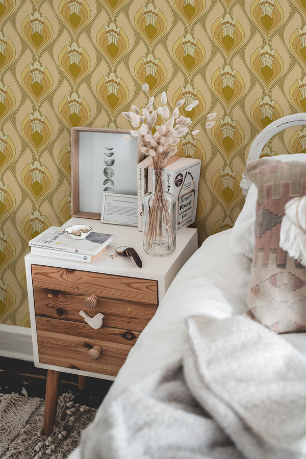 chic bedroom interior nightstand picture frame decor yellow retro floral traditional wallpaper