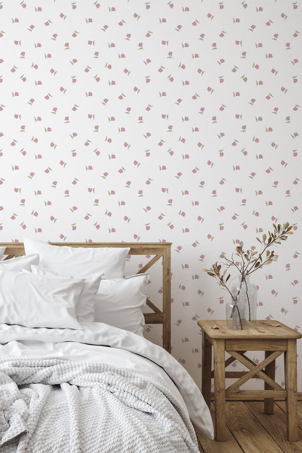 simple bedroom bed nightstand decorative vase vintage rose wall decor