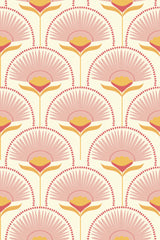 Pink, peach, and mustard floral pattern with fan-shaped petals, stylized flowers, and dotted arcs on a light cream background, retro-inspired peel and stick removable wallpaper.