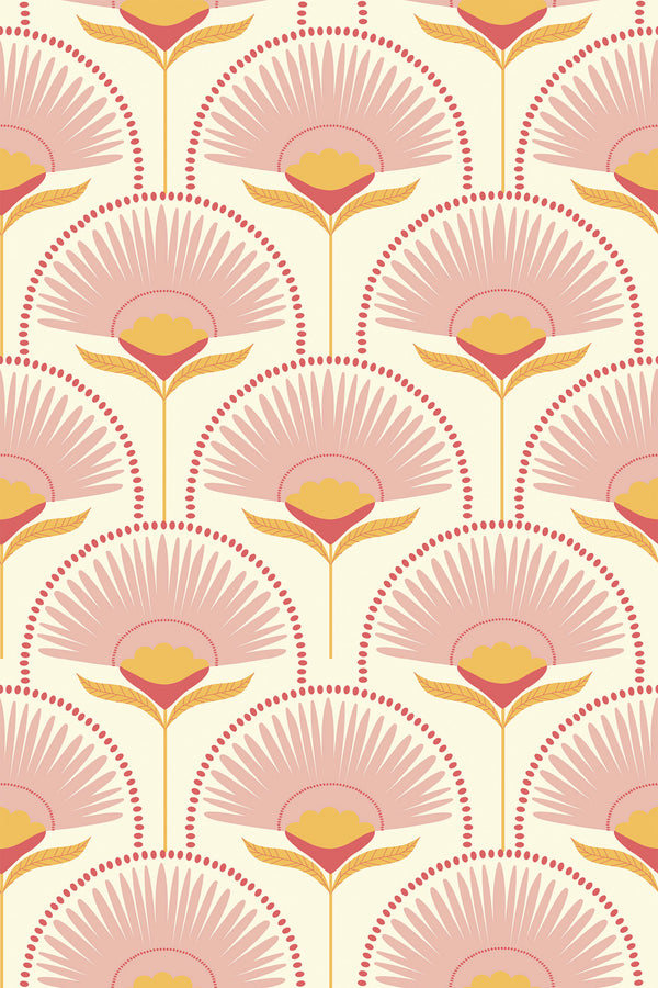Pink, peach, and mustard floral pattern with fan-shaped petals, stylized flowers, and dotted arcs on a light cream background, retro-inspired peel and stick removable wallpaper.