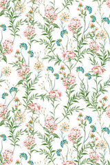 Pastel meadow wallpaper with delicate wildflowers in soft pink, blue, and yellow hues, surrounded by vibrant green foliage on a white background, creating a fresh and serene natural feel. Peel and stick removable wallpaper.