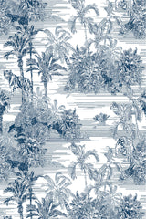 Scenic jungle design in monochrome tones with lush tropical vegetation, palm trees, and tigers hidden among the foliage. Peel and stick removable wallpaper.