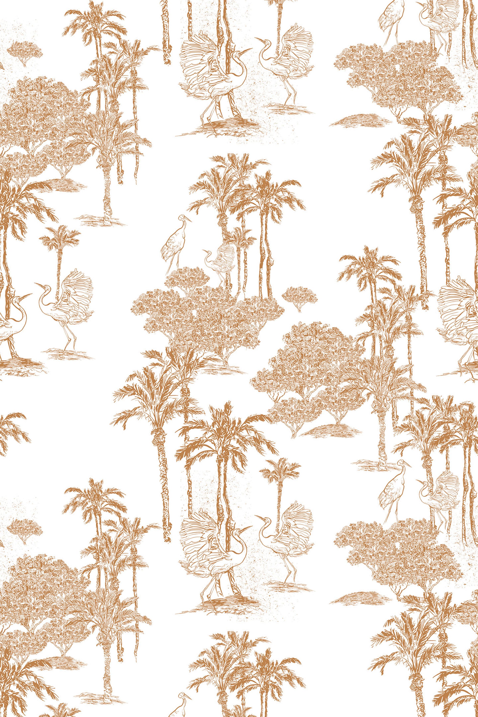 Toile wallpaper with a pattern of palm trees, herons, and flamingos in sepia tone on a white background, peel and stick removable wallpaper.