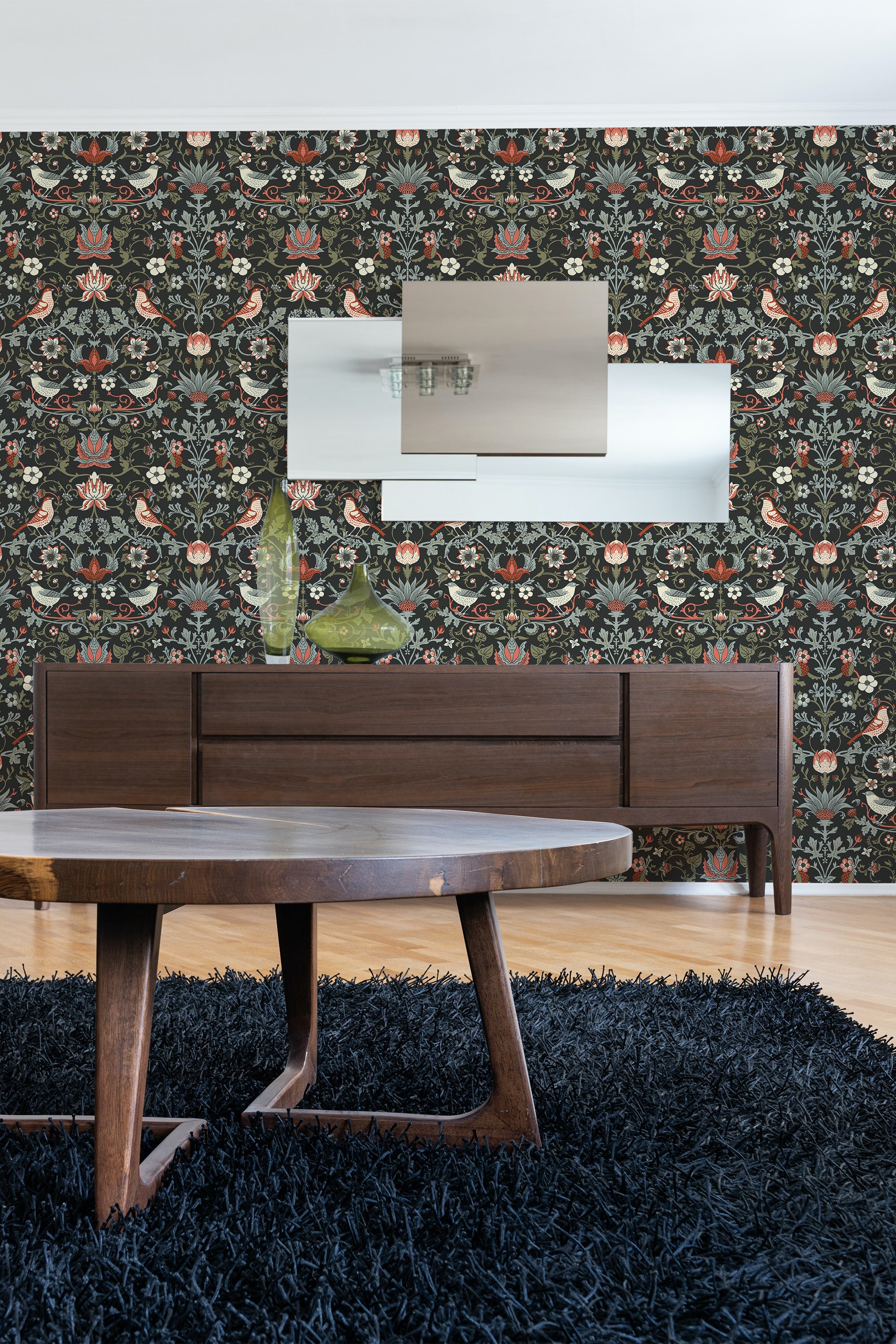 Floral wallpaper with intricate bird patterns in a vintage design, complemented by rich colors and ornate detailing, creating a traditional wallpaper.