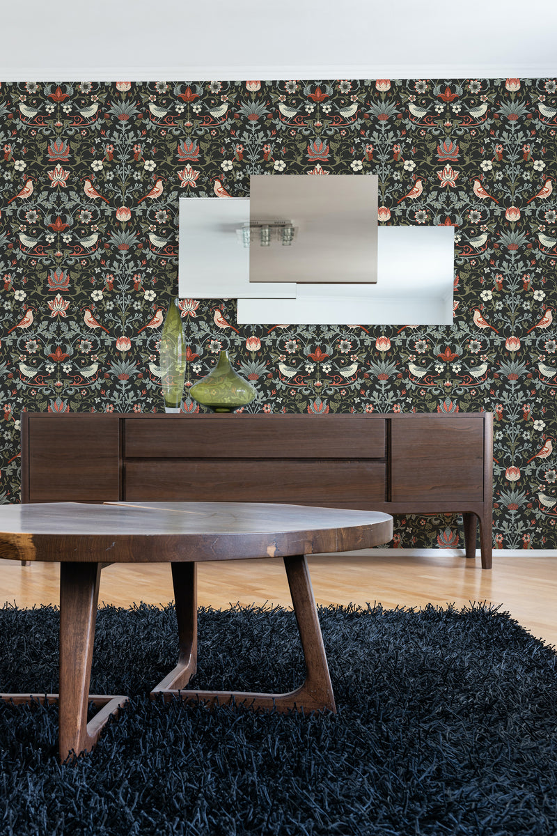 contemporary living room dark wood furniture vintage bird peel and stick wallpaper