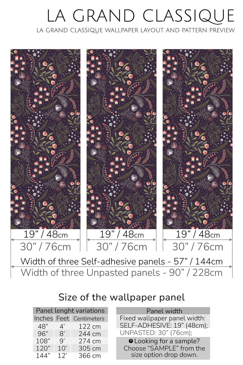 dark floral garden peel and stick wallpaper specifiation