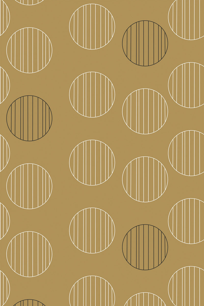 An alternating pattern of circular shapes with vertical lines inside on a mustard background, with circles in black and white. Peel and stick removable wallpaper.