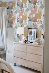         
peel and stick wallpaper large boho accent wall bedroom dresser mirror minimalist interior