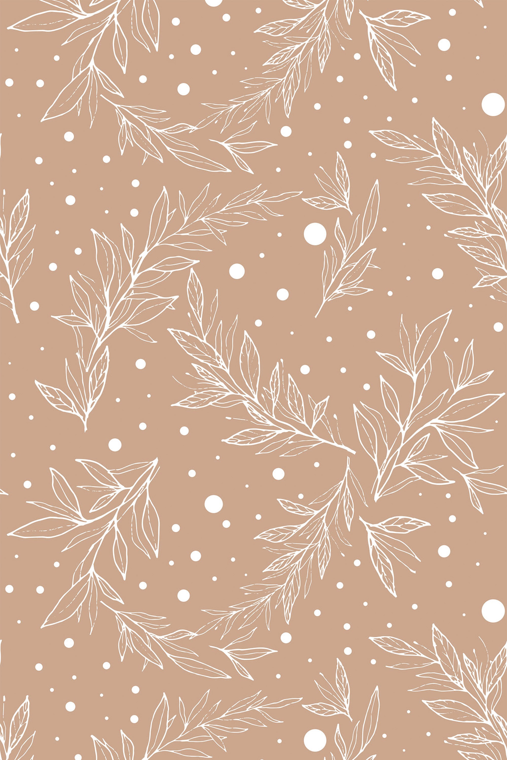 Light brown wallpaper with a white botanical pattern of delicate leaves and scattered small and large white dots. Peel and stick removable wallpaper.