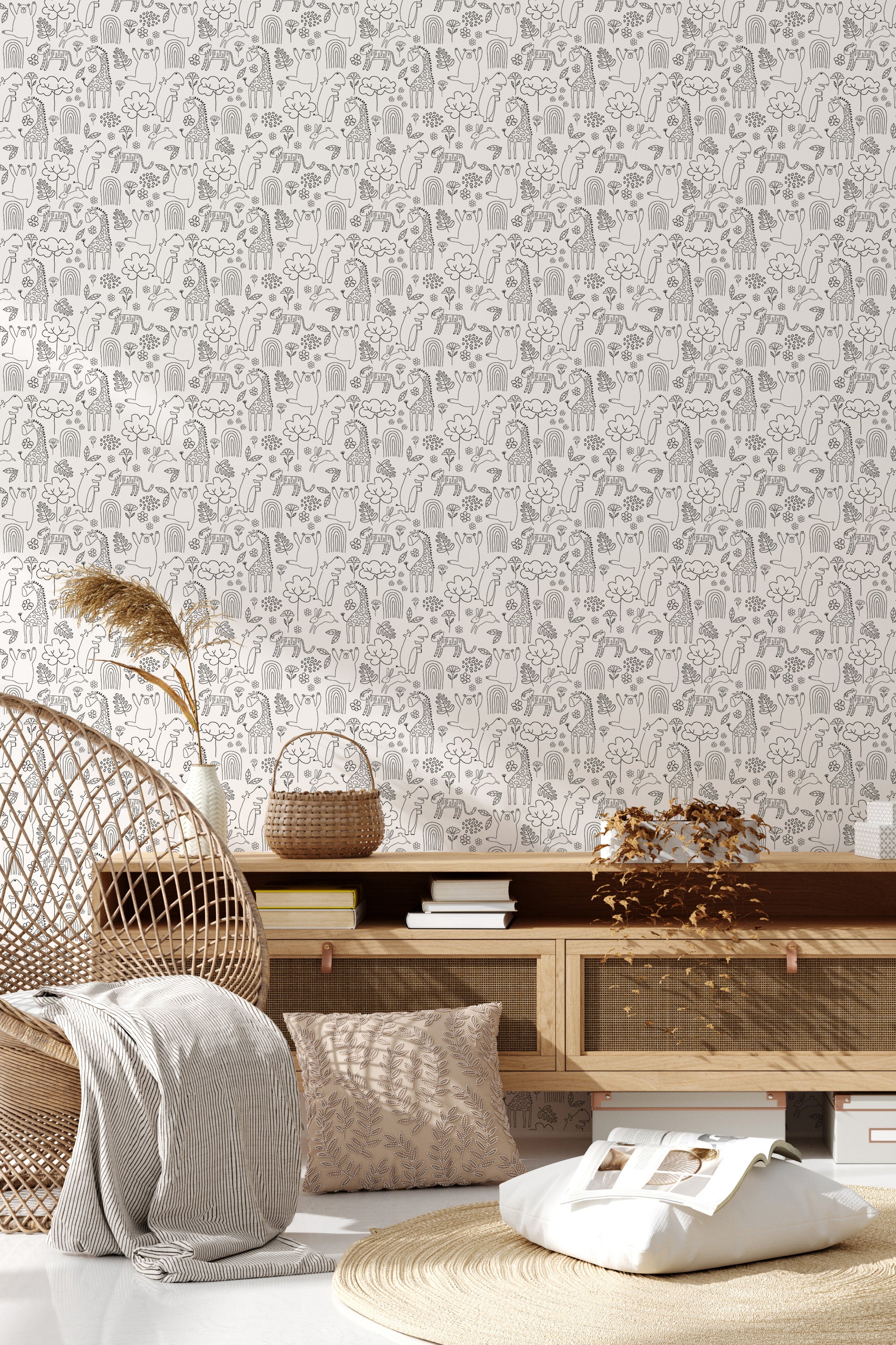 The wallpaper has an intricate animal print design with a subtle pattern of various wildlife silhouettes in monochrome, adding a stylish touch to the room. Traditional wallpaper.