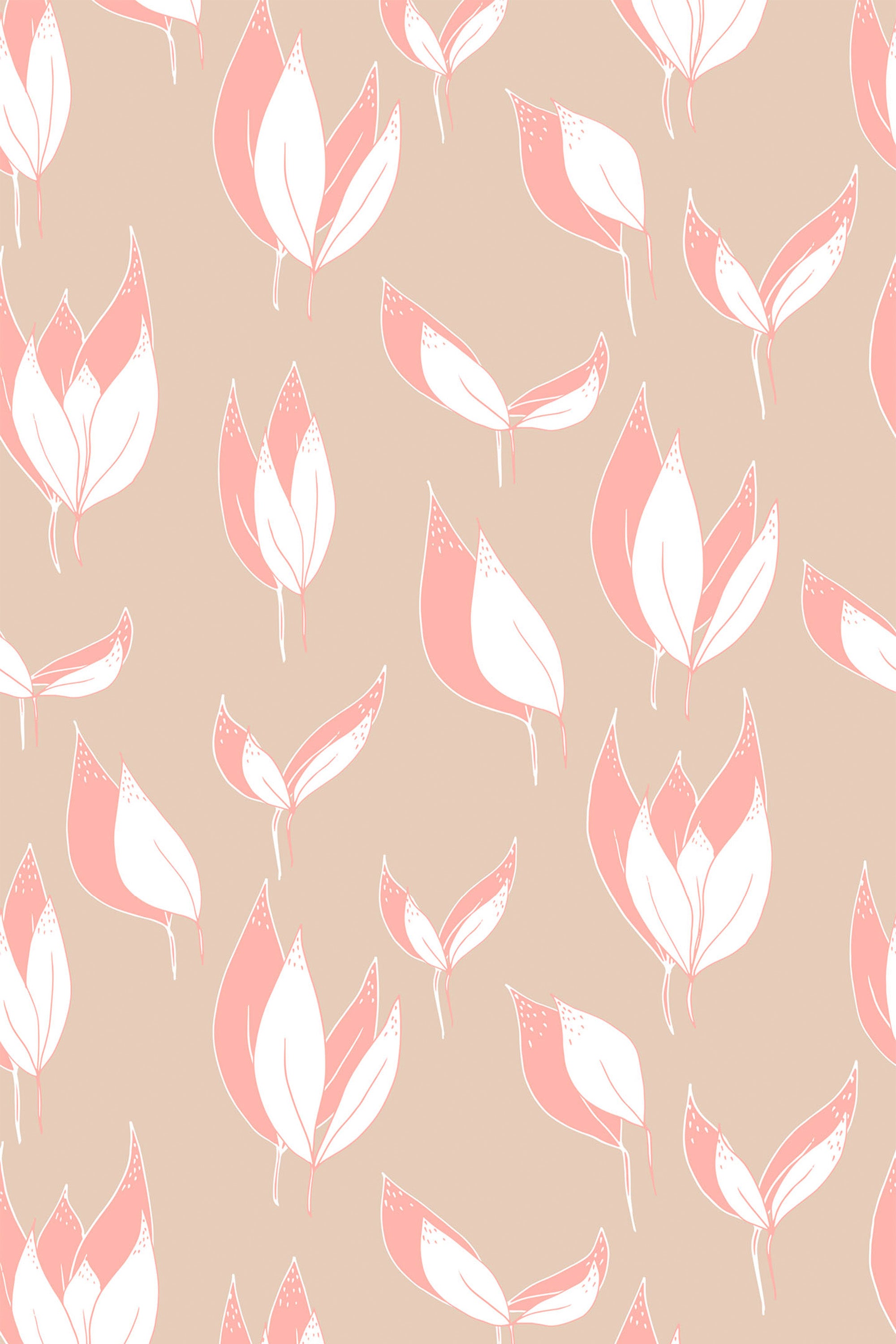 A seamless pattern with simple, delicate pink and white leaves on a soft beige background, peel and stick removable wallpaper.