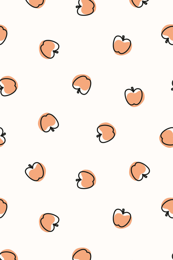 Simple, hand-drawn apples with abstract lines and orange hues, scattered randomly on a crisp white background, peel and stick removable wallpaper.